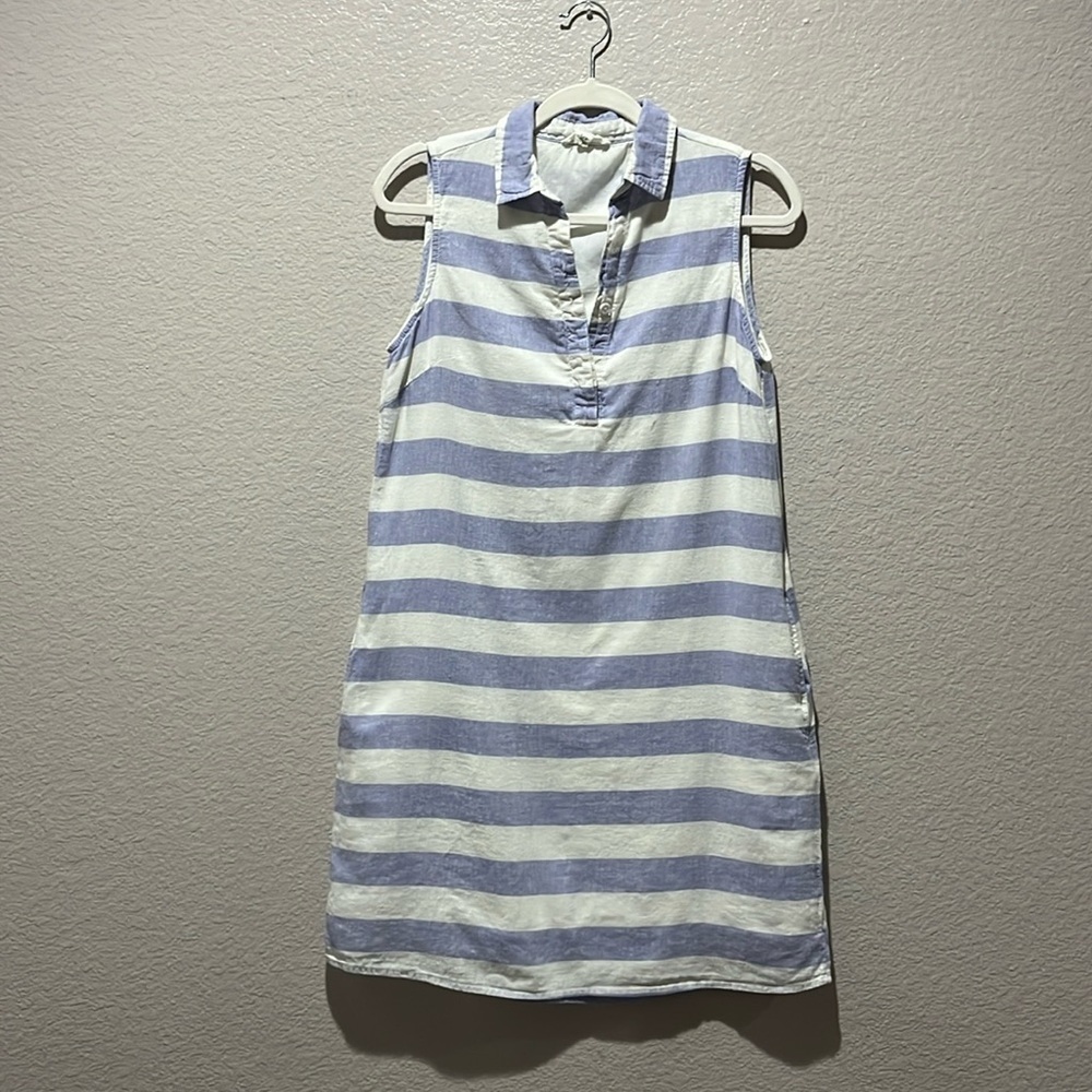 Beach Lunch Lounge Leandrina Blue Striped Linen Cotton Dress Pockets Sz S TC0295